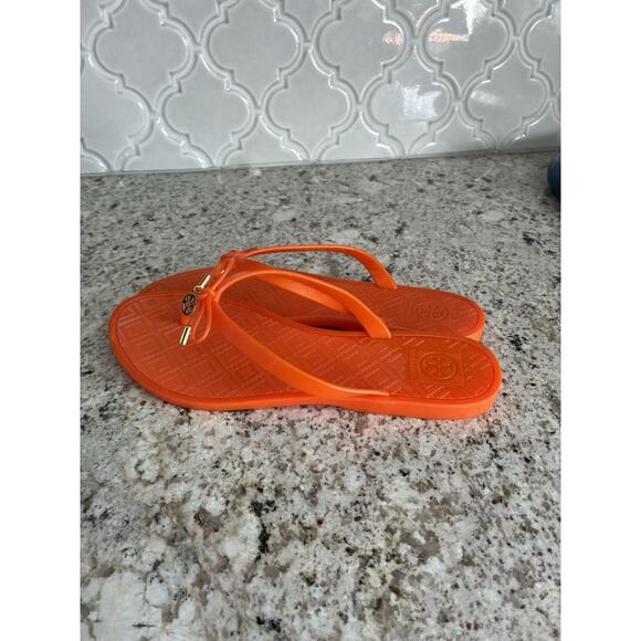 Tory Burch Jelly Bow Tie Gold Logo Flip Flops flats , Poppy Orange, Size 9 - Picture 6 of 10